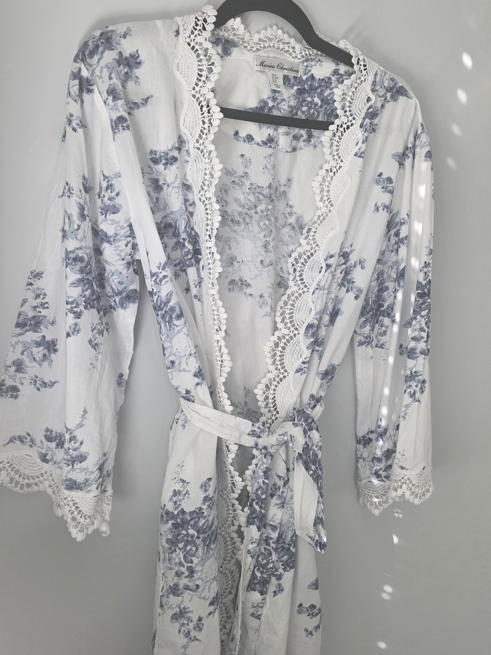 Marisa Christina Floral Lace Trim Kimono Cardigan White Blue Size Small Boho Lig